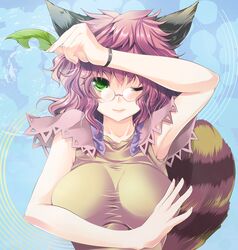  1girl animal_ears armpits bare_arms breasts brown_hair bust curly_hair futatsuiwa_mamizou glasses green_eyes leaf light_smile maki_(seventh_heaven_maxion) raccoon_ears raccoon_tail short_hair solo tail touhou wink 