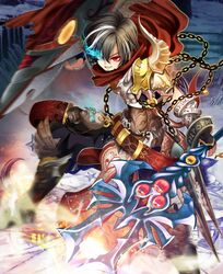  1girl armor aurora_rokudo black_hair chain glowing glowing_eyes original red_eyes scarf short_hair solo staff sword weapon white_hair 