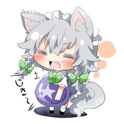  1girl animal_ears ball blue_dress blush bow braid chibi closed_eyes dog_ears dog_tail dress fang izayoi_sakuya lowres maid maid_headdress open_mouth rebecca_(keinelove) silver_hair smile solo star tail touhou twin_braids 