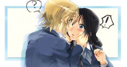  2girls ? akiyama_mio black_eyes black_hair brown_eyes brown_hair k-on! long_hair multiple_girls school_uniform seita short_hair tainaka_ritsu yuri 