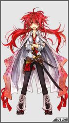  bandages belt dress_shirt fujiwara_akina gun japanese_clothes japanese_cloths kimono long_hair necktie pants red_eyes redhead sandals shirt sword weapon 