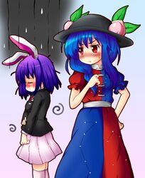 2girls animal_ears blazer blush cosplay food fruit hat highres hinanawi_tenshi multiple_girls nagae_iku peach rabbit_ears reisen_udongein_inaba reisen_udongein_inaba_(cosplay) sweatdrop tanasuke tears thighhighs touhou yagokoro_eirin yagokoro_eirin_(cosplay)