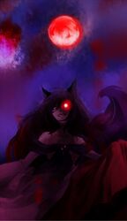  1girl animal_ears astatine bare_shoulders brooch brown_hair dress evil_grin evil_smile glowing glowing_eye grin highres imaizumi_kagerou jewelry long_hair long_sleeves moon red_eyes red_moon smile solo tail teeth touhou wolf_ears wolf_tail 
