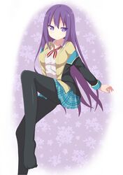  binsen blazer cardigan gj-bu highres long_hair off_shoulder pantyhose plaid plaid_skirt purple_hair school_uniform skirt sumeragi_shion violet_eyes 