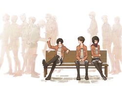  black_hair boots brown_hair character_request eren_jaeger jacket levi_(shingeki_no_kyojin) mikasa_ackerman scarf shingeki_no_kyojin short_hair sitting spoilers thigh_strap 