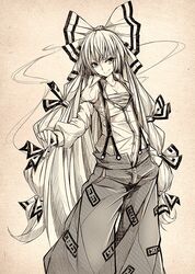  1girl bow breasts cigarette cleavage fujiwara_no_mokou hair_bow hand_in_pocket highres long_hair maru-pen monochrome open_clothes open_shirt pants ribbon sarashi smile smoke solo suspenders touhou very_long_hair 