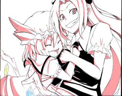  2girls blush_stickers bow closed_eyes flandre_scarlet grin hat highres hong_meiling hug long_hair monochrome multiple_girls open_mouth ribbon sharp_teeth short_hair shun_soku side_ponytail smile spot_color touhou wings 