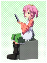  1girl apron bell book boots box cato_(monocatienus) character_name checkered checkered_shirt clothes_writing hair_bell hair_ornament halftone halftone_background highres long_sleeves looking_at_viewer motoori_kosuzu open_mouth pink_hair reading red_eyes short_hair sitting skirt solo touhou wide_sleeves 