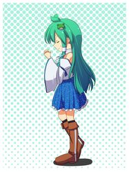  1girl boots cato_(monocatienus) closed_eyes detached_sleeves frog green_hair hair_ornament halftone halftone_background hands_clasped highres kochiya_sanae long_hair praying skirt snake solo touhou 