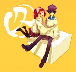  androgynous bad_id blue_eyes blue_hair cabbie_hat chiko_(beroro) food hat kujikawa_rise multiple_girls oversized_clothes persona persona_4 red_eyes red_hair redhead reverse_trap shirogane_naoto short_hair skirt thigh-highs thighhighs tofu twintails zettai_ryouiki 