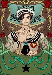  1boy anchor black_hair flower haruka4413 hat jojo_no_kimyou_na_bouken jojolion kira_yoshikage_(jojolion) lips nail_polish red_rose rose sailor sailor_hat solo star text yellow_eyes 