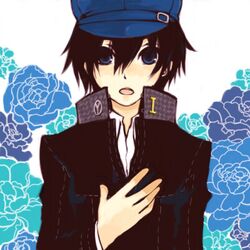  androgynous black_hair blue_eyes blush cabbie_hat hat lowres persona persona_4 reverse_trap school_uniform shirogane_naoto short_hair solo 