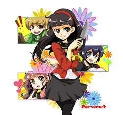  bad_id black_hair brown_hair cooking food knife kujikawa_rise pantyhose persona persona_4 satonaka_chie school_uniform shirogane_naoto umiko_(munemiu) 