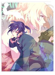  alphard bad_id blonde_hair canaan canaan_(character) fingerless_gloves gloves gun oosawa_maria ponytail purple_hair weapon yellow_eyes yuko_(pixiv1177363) yuko_(sarusa) 
