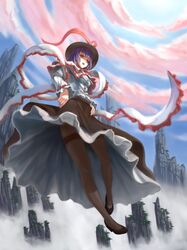  1girl belph black_legwear hat highres long_skirt nagae_iku open_mouth pantyhose purple_hair red_eyes shawl short_hair skirt sky solo touhou tree 