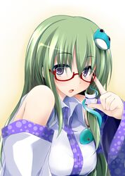  1girl blush dd_mayohara detached_sleeves frog_hair_ornament glasses green_hair hair_ornament kochiya_sanae long_hair red-framed_glasses semi-rimless_glasses snake_hair_ornament solo touhou under-rim_glasses violet_eyes 