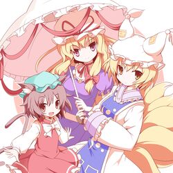 animal_ears blonde_hair brown_eyes brown_hair cat_ears cat_tail chen earrings fang fox_tail hair_ribbon highres jewelry machily miko_machi multiple_girls multiple_tails neck_ribbon purple_eyes ribbon ribbon_choker tail touhou umbrella yakumo_ran yakumo_yukari yellow_eyes 