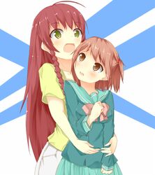  2girls braid brown_eyes hataraku_maou-sama! height_difference long_hair multiple_girls redhead sasaki_chiho school_uniform serafuku short_hair short_twintails simple_background twintails yellow_eyes yusa_emi 