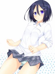  black_hair blue_eyes dutch_angle hair_ornament hairclip heterochromia highres nishi_minami original panties school_uniform short_hair skirt suterii underwear violet_eyes 