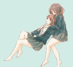  bare_legs barefoot blazer blush bow brown_hair hair_bow hand_on_head long_hair original school_uniform short_hair skirt syou_(endemic_species) yuri 