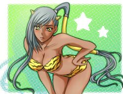  bikini breasts cleavage code_geass cosplay cute dark_skin horns long_hair lum lum_(cosplay) perfection silver_hair solo suzukane swimsuit tiger_print urusei_yatsura villetta_nu yellow_eyes 