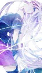  1girl blue_eyes braid choker highres ia_(vocaloid) long_hair nail_polish off_shoulder single_thighhigh skirt solo sumi_(38page) thigh-highs thigh_strap twin_braids very_long_hair vocaloid white_hair 