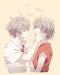  2boys bangoul dual_persona multiple_boys nagisa_kaworu neon_genesis_evangelion red_eyes school_uniform short_hair teeth white_hair 
