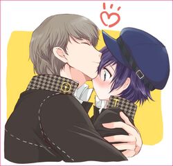  blue_hair blush cabbie_hat couple hat hug kiss kurimomo narukami_yuu persona persona_4 reverse_trap seta_souji shirogane_naoto 