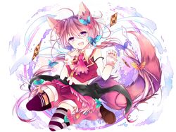  animal_ears brown_hair card fang fox_ears fox_tail highres leeannpippisum mismatched_legwear nail_polish navel original playing_card shorts smile strap_slip striped striped_legwear tail thigh-highs violet_eyes wristband zettai_ryouiki 