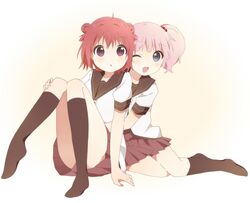  2girls :o akaza_akari black_legwear blue_eyes double_bun hair_bobbles hair_bun hair_ornament hug hug_from_behind kumakichi_(toshigat) multiple_girls no_shoes open_mouth pink_hair redhead school_uniform serafuku short_hair short_sleeves sitting skirt socks twintails violet_eyes wink yoshikawa_chinatsu yuru_yuri 