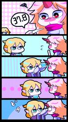 2girls blonde_hair border chibi comic fever horn hoshiguma_yuugi maigonori-yayume mizuhashi_parsee multiple_girls polka_dot polka_dot_background silent_comic striped striped_background touhou vertical_stripes 