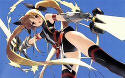  5_nenme_no_houkago blonde_hair fate_testarossa kantoku long_hair mahou_shoujo_lyrical_nanoha mahou_shoujo_lyrical_nanoha_strikers sword thigh-highs twintails weapon yellow_eyes 