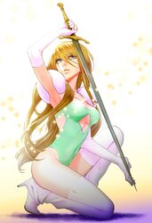  blonde_hair blue_eyes boots breasts celes_chere cleavage elbow_gloves final_fantasy final_fantasy_vi gloves highres leotard long_hair noromi sword thigh-highs thigh_boots under_boob weapon 