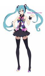  1girl aqua_hair fkey hand_on_hip happy_birthday hatsune_miku headset high_heels highres long_hair necktie shoes simple_background skirt solo tell_your_world_(vocaloid) thigh-highs twintails very_long_hair violet_eyes vocaloid white_background 