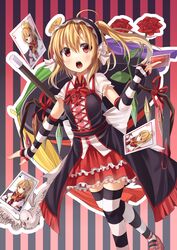  1girl alternate_costume bird blonde_hair coin dove elbow_gloves fang fingerless_gloves flandre_scarlet flower gloves gurasion_(gurasion) hairband hat highres magician open_mouth red_eyes red_rose rose short_hair side_ponytail solo striped striped_background striped_legwear thigh-highs top_hat touhou wand wings 