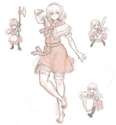  1girl alice_margatroid axe barefoot bloomers capelet doll dress feet hairband highres kuro_suto_sukii long_hair monochrome ponytail puppet_strings shield short_hair smile soles solo sword toes touhou underwear weapon 