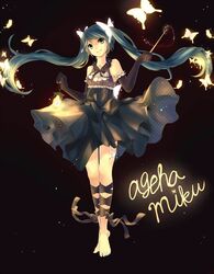  1girl barefoot dress elbow_gloves gloves hatsune_miku highres lantern long_hair run_(sweettimehappy) smile solo twintails very_long_hair vocaloid wand 