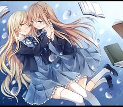  blazer blonde_hair blue_eyes book braid brown_hair bubble dress green_eyes holding_hands kouko long_hair original ribbon school_uniform skirt socks thigh-highs yuri zettai_ryouiki 