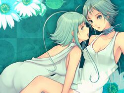  ahoge dress flower green_eyes green_green_euglena_(vocaloid) green_green_midori-mushi_(vocaloid) green_hair gumi multiple_girls short_hair sonika uprightleftdownchuchuchu vocaloid wallpaper white_dress yuri 