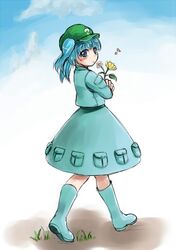  blue_hair fechirin flower hair_bobbles hair_ornament kawashiro_nitori short_hair touhou twintails 