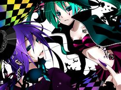  aqua_hair blue_eyes card cat checkered dutch_angle earrings eye_shadow hatsune_miku kamui_gakupo long_nails looking_back mini_top_hat nail_polish open_jacket purple_hair scarf skirt tako_luka tattoo tube_top vocaloid 