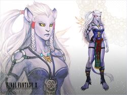  bare_shoulders breasts final_fantasy final_fantasy_x furry garters genderswap hand_on_hip hips kimahri_ronso kimahri_ronsoe large_breasts legs lips long_hair looking_away onose1213 serious solo title_drop white_hair widow's_peak widow's_peak yellow_eyes 