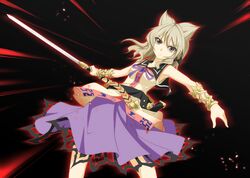  1girl belt bracelet brown_eyes brown_hair earmuffs highres jewelry noise-111 ribbon short_hair skirt sleeveless solo sword tagme touhou toyosatomimi_no_miko weapon 