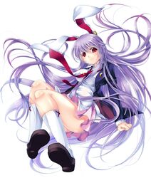  1girl animal_ears crescent highres long_hair necktie rabbit_ears reisen_udongein_inaba sesield simple_background skirt smile solo touhou very_long_hair violet_eyes white_background 