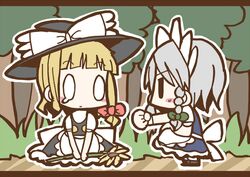  0_0 adomi blonde_hair braid comic flower forest hat izayoi_sakuya kirisame_marisa maid millipen_(medium) nature short_hair silver_hair tears touhou traditional_media tree twin_braids witch_hat 