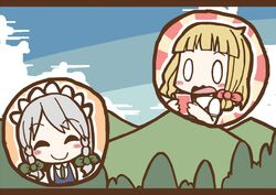  0_0 adomi blonde_hair braid closed_eyes clouds comic forest hat izayoi_sakuya kirisame_marisa maid millipen_(medium) nature open_mouth short_hair silver_hair sky smile surprised touhou traditional_media tree twin_braids witch_hat 