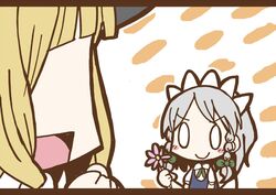  0_0 :d adomi blonde_hair braid comic izayoi_sakuya kirisame_marisa maid millipen_(medium) no_eyes open_mouth short_hair silver_hair smile touhou traditional_media twin_braids 