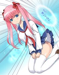 bow haramura_nodoka no_panties pink_hair robina saki solo thigh-highs thighhighs white_legwear 