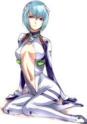  1girl ayanami_rei blue_hair bodysuit dodai_shouji navel neon_genesis_evangelion plugsuit red_eyes short_hair simple_background solo white_background 