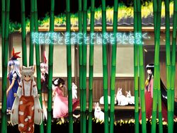 5girls animal_ears bamboo bamboo_forest black_hair blazer blouse blue_hair bon_(rump) bow forest fujiwara_no_mokou hair_bow hair_ribbon hat houraisan_kaguya imperishable_night inaba_tewi kamishirasawa_keine long_hair multiple_girls nature pants pleated_skirt purple_hair rabbit rabbit_ears reisen_udongein_inaba ribbon short_hair silver_hair skirt suspenders touhou very_long_hair 